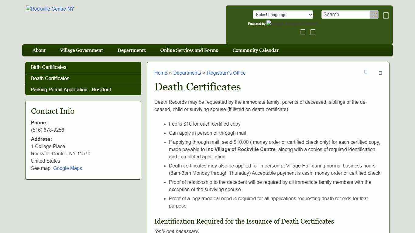 Death Certificates Rockville Centre NY